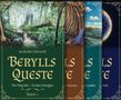 "Berylls Queste" von Margrit Krause, Band 1. Titel über Waldszene, Fluss und Bäume. Cover hat dekorative Rahmenecken.