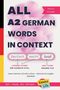 Buchtitel mit großem Text: "ALL A2 GERMAN WORDS IN CONTEXT". Rosa Hintergrund, bunte Gestaltung, "Deutsch macht Spaß"., Buch