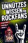 „Unnützes Wissen für Rockfans. 160 Fakten.“ Illustration mit Totenkopf, Flammen und Hand zeigt Rockzeichen., Buch