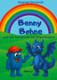 Text: "Dagmar Pergande. Benny Bohne und das Geheimnis des Regenbogens. Band 2." Ein blauer Charakter mit roter Mütze und blauer Drache unter einem Regenbogen., Buch