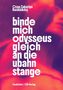 Text: "binde mich odysseus gleich an die ubahn stange". Hintergrund: Abstraktes, rot-violettes Bild., Buch