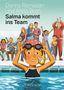 Text: "Danny Ramadan und Anna Bron. Salma kommt ins Team." Illustration: Fröhliches Mädchen im Pool, Familie im Hintergrund., Buch
