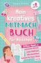 "Mein kreatives Mitmachbuch für Mädchen", ein bunte Grafik mit Schmetterling, Schere, Bleistift, Papier und Mädchen., Buch
