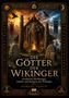 „Die Götter der Wikinger“ zeigt ein Wikingergebäude und Runensteine, umrahmt von nordischen Symbolen und zwei Bannern., Buch
