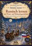 "Russisch lernen mit Winter- und Weihnachtsgeschichten. Einfache russische Märchen für A2." Im Hintergrund: Winterlandschaft mit Schlittengespann., Buch