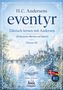 "H.C. Andersens eventyr" in blauer Schrift vor einer Schlosslandschaft mit einem Schwan und einer Meerjungfrau am Fluss., Buch