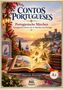 „Contos Portugueses: Portugiesische Märchen“ steht oben. Offenes Buch mit leuchtenden Märchenelementen, Burg, Segelschiff., Buch