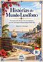 "Histórias do Mundo Lusófono" in blauer Schrift. Darunter eine Küstenstadt mit Palmen, einem Segelschiff und Büchern., Buch