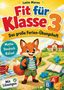 "Fit für Klasse 3", "Das große Ferien-Übungsheft". Illustration: Ein fröhlicher Fuchs mit Rucksack, Buntstift in der Hand., Buch