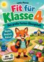 „Fit für Klasse 4“, Übungsheft mit Mathe, Deutsch, Rätsel, Fuchs mit Rucksack und Stift, Sonne und Schule im Hintergrund., Buch