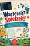 "Wartezeit? Spielzeit! Das Reisespielebuch für Familien..." Oben Abflugtafel; Symbole: Flugzeug, Koffer, Kompass, Zug, Auto., Buch
