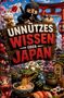 „UNNÜTZES WISSEN ÜBER JAPAN“ steht auf einem hölzernen Schild. Ein Ninja und ein Krokodil essen Ramen, umgeben von japanischen Symbolen., Buch