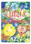 „Lutzi's Mondkalender 2027“, blauer Schmetterling, Mondgesicht, bunte Blumen, Herz mit „30 Jahre“, bunte Schmetterlinge.
