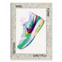NIKE, FORM, MOTION, FOLLOWS. Illustration eines bunten Sneakers auf hellem Hintergrund. Rahmen mit Text., Buch