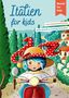"Italien for kids" und "World for kids" sind Texte. Illustration: Kind mit blauem Haar und rotem Roller vor Bäumen und Häusern., Buch