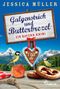 „Galgenstrick und Butterbrezel“, „Ein Bayern-Krimi“, „I töt di“. Ein Schild in einer Alpenlandschaft, Brezel, Vogel, Apfel., Buch
