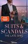 Text: "Katy Crown", "SPIEGEL Bestseller-Autorin", "Suits & Scandals", "The Late Shift". Ein Mann in Anzug vor Skyline., Buch