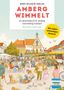 Oben steht „AMBERG WIMMELT“. Darunter eine lebendige Marktszene mit vielen Menschen, Ständen und einem historischen Gebäude.