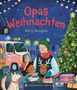 Text: "Opas Weihnachten", "Harry Woodgate", "Kindermann Verlag". Eine winterliche Szene mit Opa, Kind, Hündchen und Geschenken., Buch