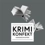 "KRIMI KONFEKT KURZGESCHICHTEN", zwei fliegende, offene Bücher auf grauem Hintergrund., Buch