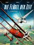 "Die Flügel der Zeit", "Die Ära der Pioniere". Ein rotes Doppeldeckerflugzeug und ein modernes Jetflugzeug in der Luft., Buch