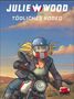 „JULIE WOOD“, „TÖDLICHES RODEO“; Frau mit Helm auf Motorrad in Landschaft. Logo unten rechts mit „ZACK EDITION“., Buch