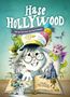 „Hase Hollywood und das Geheimnis des Drachenlandes“. Ein Cartoon-Hase mit Kapitänsmütze liest ein fantasievolles Buch.