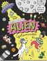 "Galaktisch geheime Alien-Geheimnisse" steht groß auf buntem Hintergrund. UFO, Aliens, Mond und Kinder in cartoonhaftem Stil., Buch