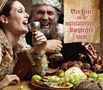 "Das Beste aus der mittelalterlichen Burgherrenküche" in roter Schrift. Ein Mann und eine Frau in festlicher Kleidung lachen und trinken., Buch