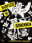 „BARFUSS IN SCHERBEN“ steht in großen Buchstaben. Illustration eines Gitarristen mit Tieren und Blumen., Buch