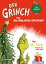 „Der Grinch oder die geklauten Geschenke“, Illustration mit Grinch, Weihnachtsbaum und Geschenken; farbenfroh gestaltet.