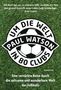 Text über grasgrünem Hintergrund: „Ein Buch das uns zu erinnern hilft…“ Logo mit Fußball und Text: „Um die Welt in 80 Clubs“., Buch