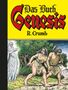 „Das Buch Genesis“ von R. Crumb. Farbige Illustration: Zwei Menschen in primitiver Kleidung vor einem alten Mann, der auf sie zeigt., Buch