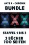 AKTE X – CHRONIK BUNDLE: Staffel 1 bis 3, 3 Bücher, 700 Seiten. Buchcover in Blau, Rot und Grün.
