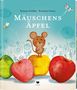 „Mäuschens Äpfel“ steht groß in der Mitte. Eine fröhliche Maus steht auf einem gelben Apfel, umgeben von drei anderen Äpfeln.