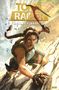 Text: "TOMB RAIDER HEILIGE RELIKTE". Abenteuerliche Frau mit Zopf klettert, hält Eispickel. Umgebung: Felsen, Vögel., Buch