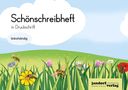 "Schönschreibheft in Druckschrift, linkshändig." Illustration: Bienen fliegen über bunte Blumen in einer grünen Wiese., Buch