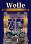 "Wolle & andere Verwicklungen", darunter ein Geschäft "Wollfühloase", eine blaue Mofa und zwei Katzen auf der Straße., Buch