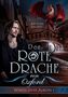 Titel: "Der Rote Drache von Oxford"; ein Mann im Vordergrund, ein roter Drache fliegt über einer Stadt., Buch