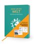 "Reise um die Welt: Wissen in Rätseln" in gelber Schrift. Illustration eines grünen Buches mit Weltkugel und Sehenswürdigkeiten., Buch