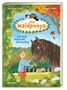 Text: "Die Waldponys", "Vier Hufe retten den Schulausflug". 
Eine Illustration zeigt ein Mädchen, das ein Pony füttert.