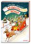 "Weihnachten retten für Anfänger", Comic-Stil: fröhlicher Schlitten mit lachenden Kindern, Rentier vorn, schneebedeckte Bäume., Buch