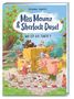 Buchtitel: "Miss Maunz & Sherlock Dusel: Wo ist die Torte?". Illustration mit Tierdetektiven bei einer Kuchenszene auf einem Bauernhof., Buch