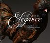 "FEATHERED Elegance" in eleganter Schrift. Darunter ein Huhn mit prächtigen, glänzenden Federn auf dunklem Hintergrund., Buch