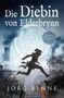 „Die Diebin von Elderbrynn“ ist ein Fantasy-Spielbuch von Jörg Benne. Silhouette einer springenden Diebin vor Mond., Buch