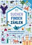 „Suchen Finden Zählen“, Illustration mit Zauberer, Drache, Katze und Labyrinth. Text: „Zauberhafte Labyrinthe und Zahlenabenteuer“., Buch