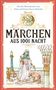 "Märchen aus 1001 Nacht". Illustration: Frau mit Hund, orientalische Kleidung, Flasche kippend, dekorative Umgebung., Buch
