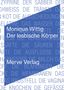 „Monique Wittig Der lesbische Körper Merve Verlag“ in weiß auf blauem Hintergrund, umgeben von medizinischen Begriffen., Buch