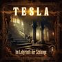 Text: "TESLA", "Im Labyrinth der Schlange", "6". Darstellung eines mystischen, beleuchteten Treppenhauses mit Säulen., CD
