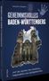 „Geheimnisvolles Baden-Württemberg“, Silhouette einer Ruine. Handabdruck oben rechts, dunkelblauer Hintergrund.